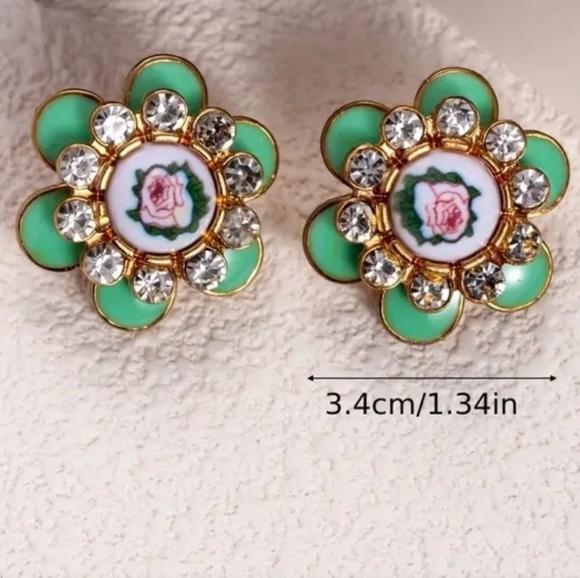 Floral Green and Gold Stud Earrings - Picture 1 of 3
